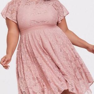 Torrid Midi Lace fabric Handkerchief dusty Rose Dress Stretch crochet waist SZ1